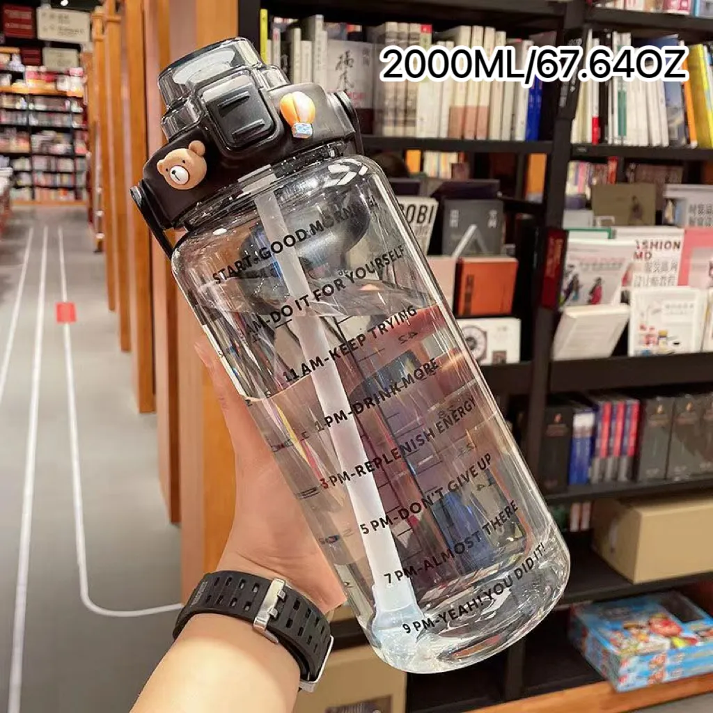 2000ML Motivational Sports Water Bottle with Time Marker Large Capacity Straw Water Cup for Fitness and Outdoor Enthusiasts Black