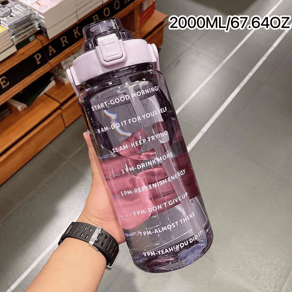2000ML Motivational Sports Water Bottle with Time Marker Large Capacity Straw Water Cup for Fitness 
