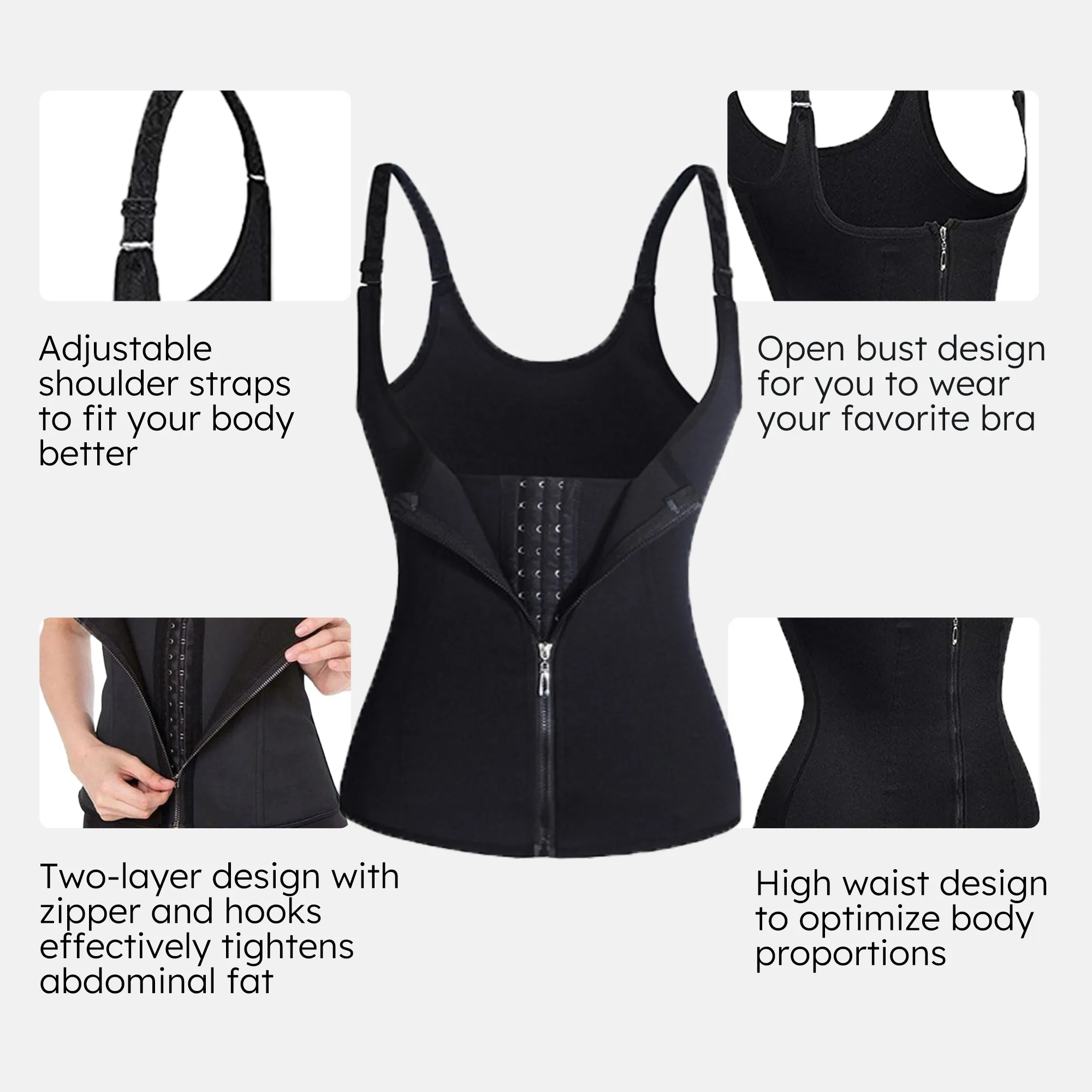 Zip-style Women's Body-contracting Court Corset, Neoprene 3-layer Appliqué Wicking Vest and Shapewear Black image 4