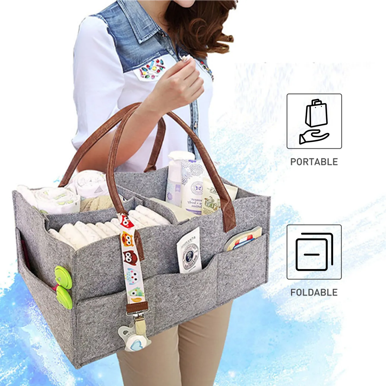 Bolsa de pañales plegable de gran capacidad de almacenamiento de tela para bebé, carrito de pañales de gran tamaño Gris big image 1