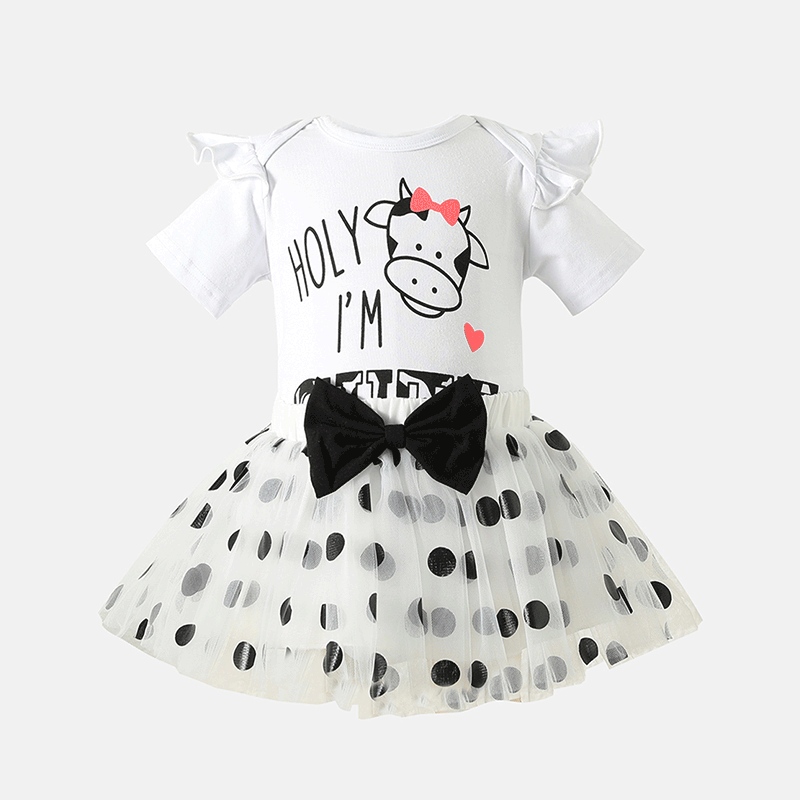 3pcs Baby Girl 95% Cotton Ruffle Short-sleeve Letter & Cow Print Romper and Polka Dots Mesh Skirt & Headband Set White image 2