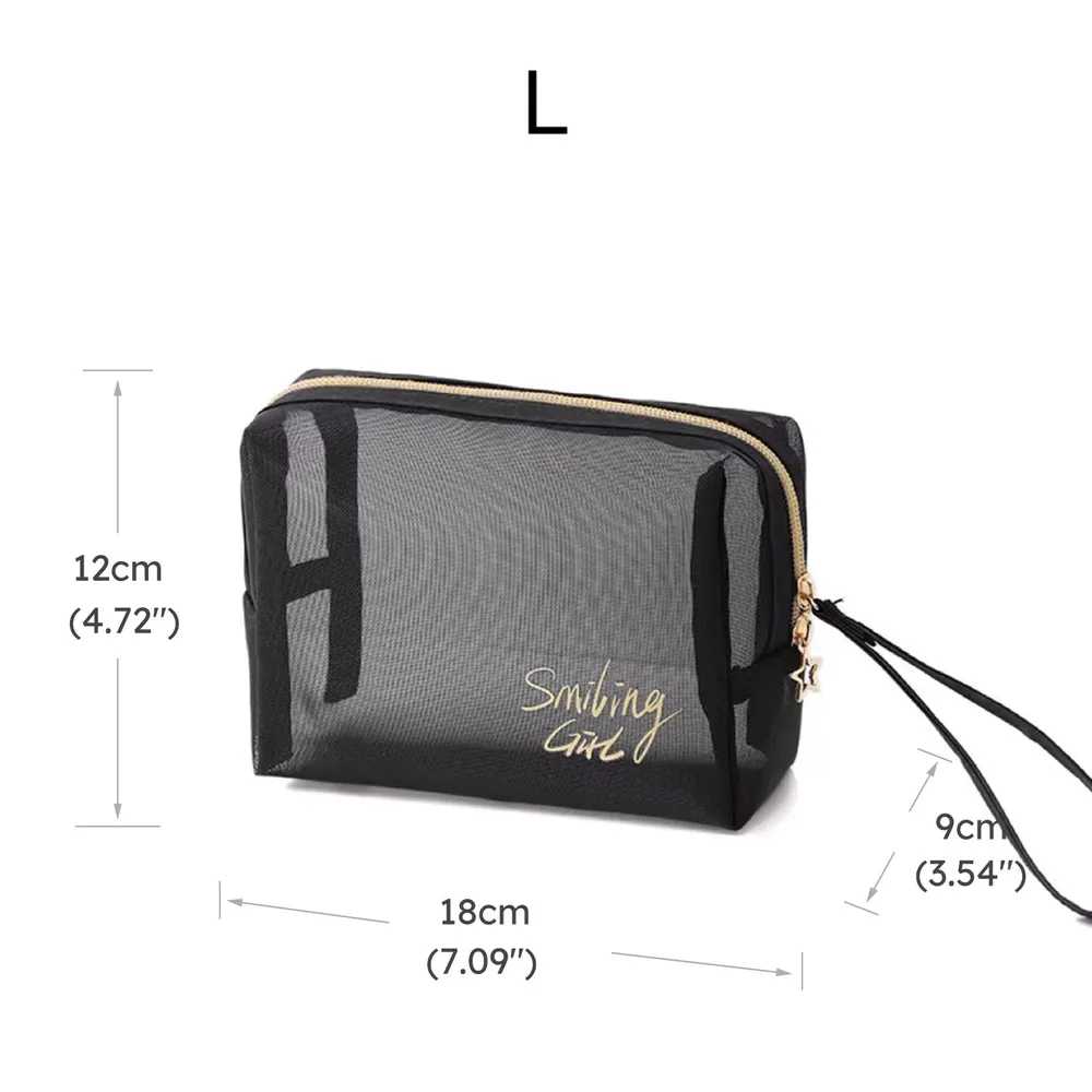 Black Mesh Makeup Bag Large Capacity Mesh Zipper Cosmetic Bag Beach Travel Organizer Bag big image 11