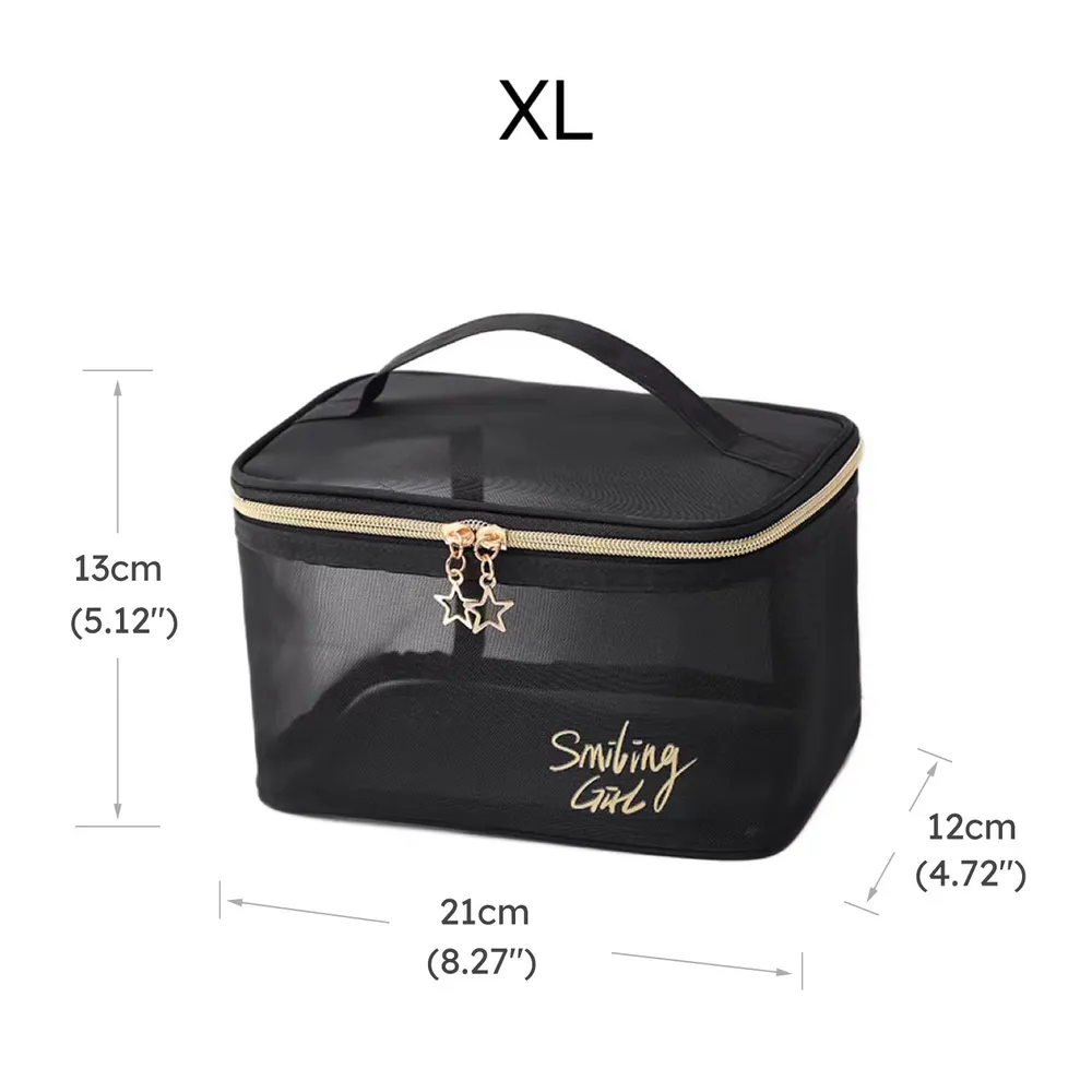 Black Mesh Makeup Bag Large Capacity Mesh Zipper Cosmetic Bag Beach Travel Organizer Bag big image 12