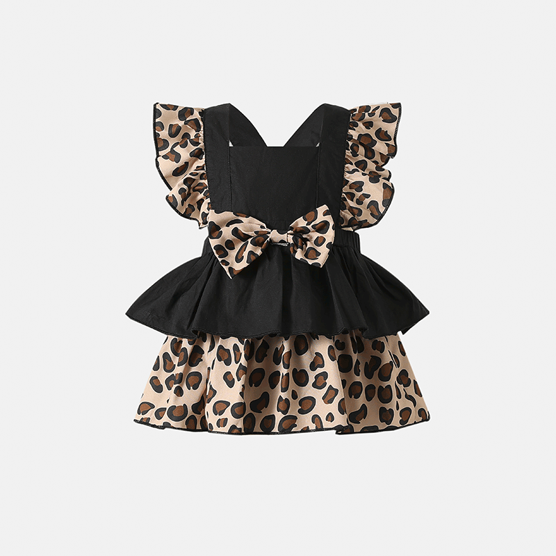 2pcs Baby Girl 95% Cotton Solid & Leopard Print Layered Ruffle Trim Sleeveless Romper and Headband Set Black big image 2