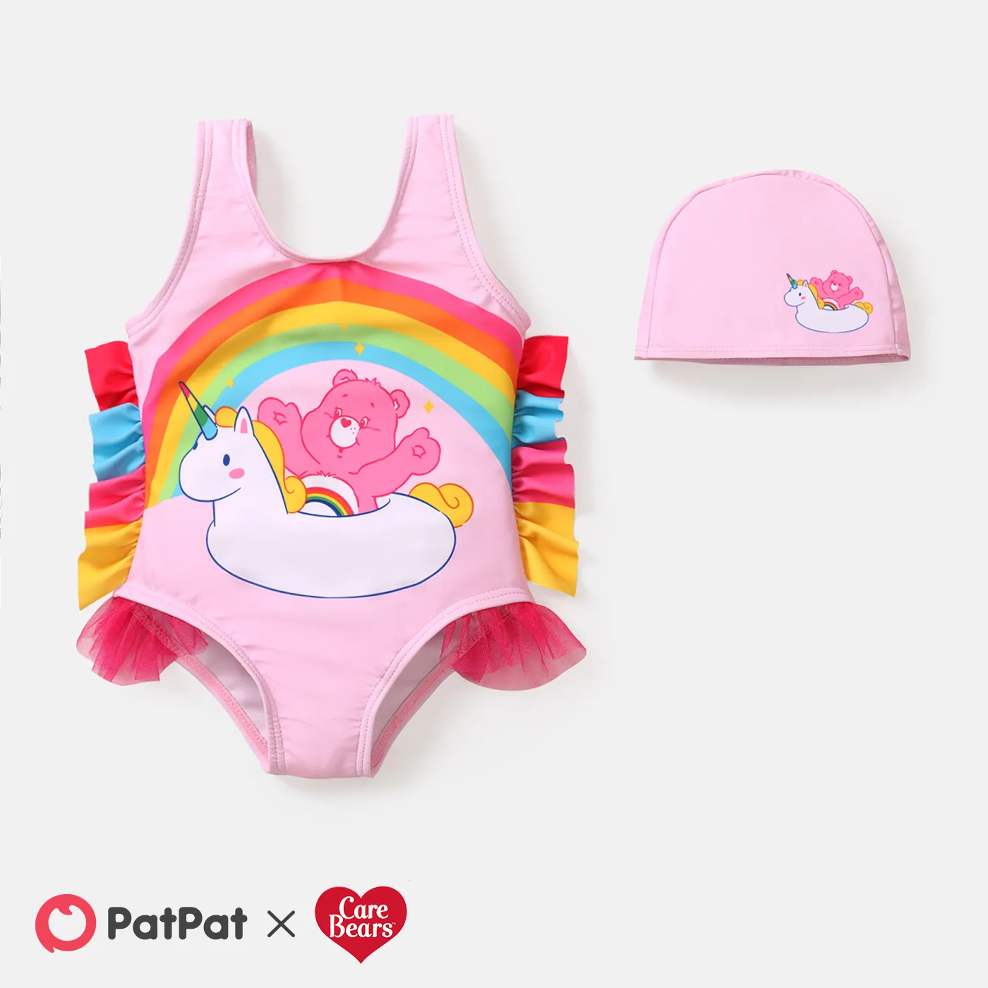 Care Bears Baby Girl 2pcs Bear Print Colorful Ruffle Trim One-piece Swimsuit & Cap Set  big image 1
