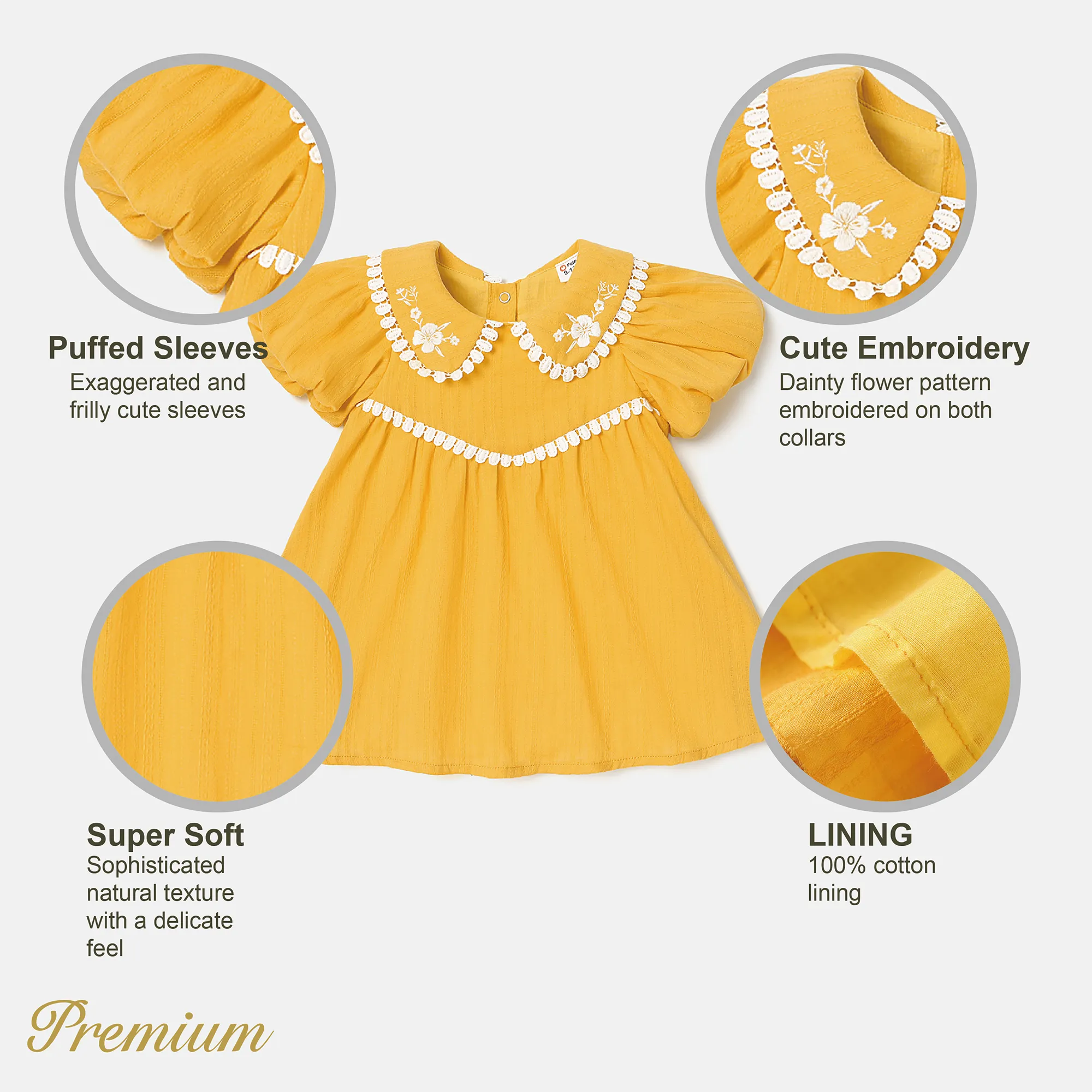 Baby Girl 100% Cotton Floral Embroidered Peter Pan Collar Puff-sleeve Dress Yellow image 2
