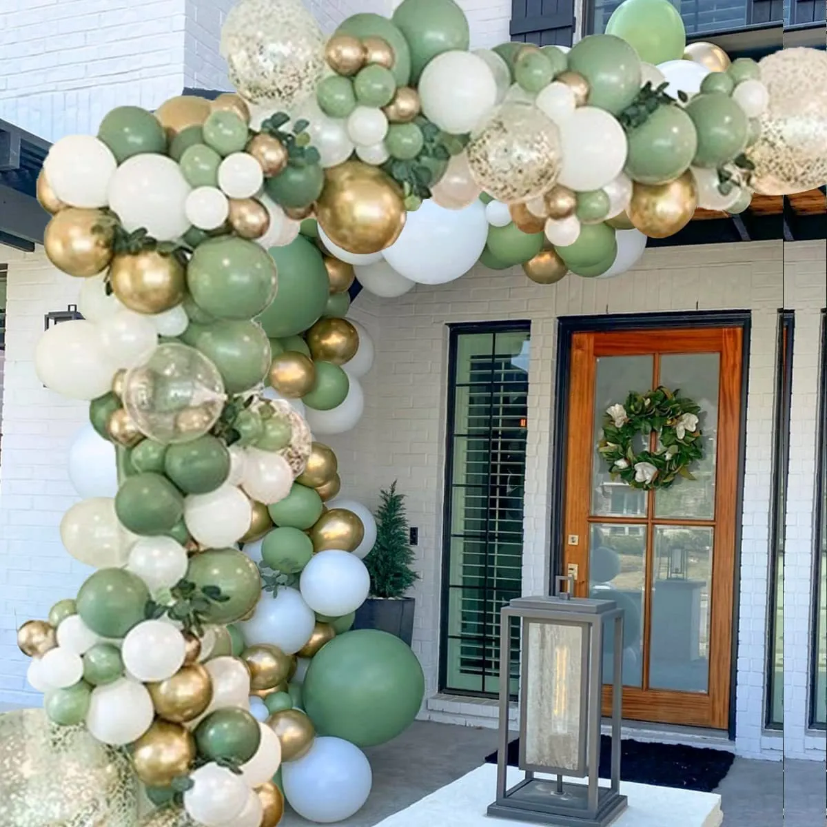 El kit de arco de guirnalda de globos de látex verde aguacate de 130 piezas incluye globos blancos dorados metálicos globos de confeti dorados Color-A big image 1