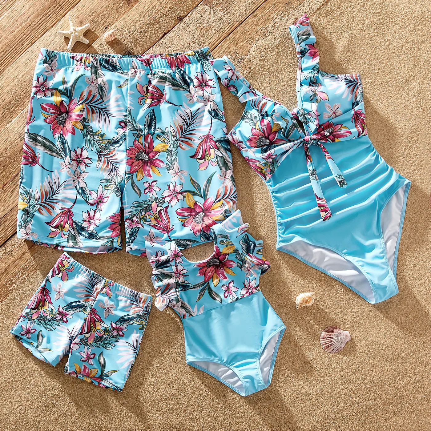 

Family Matching Solid & Floral Print Knot Front Deep V Neck Ruffled One-piece Swimsuit or Swim Trunks Shorts