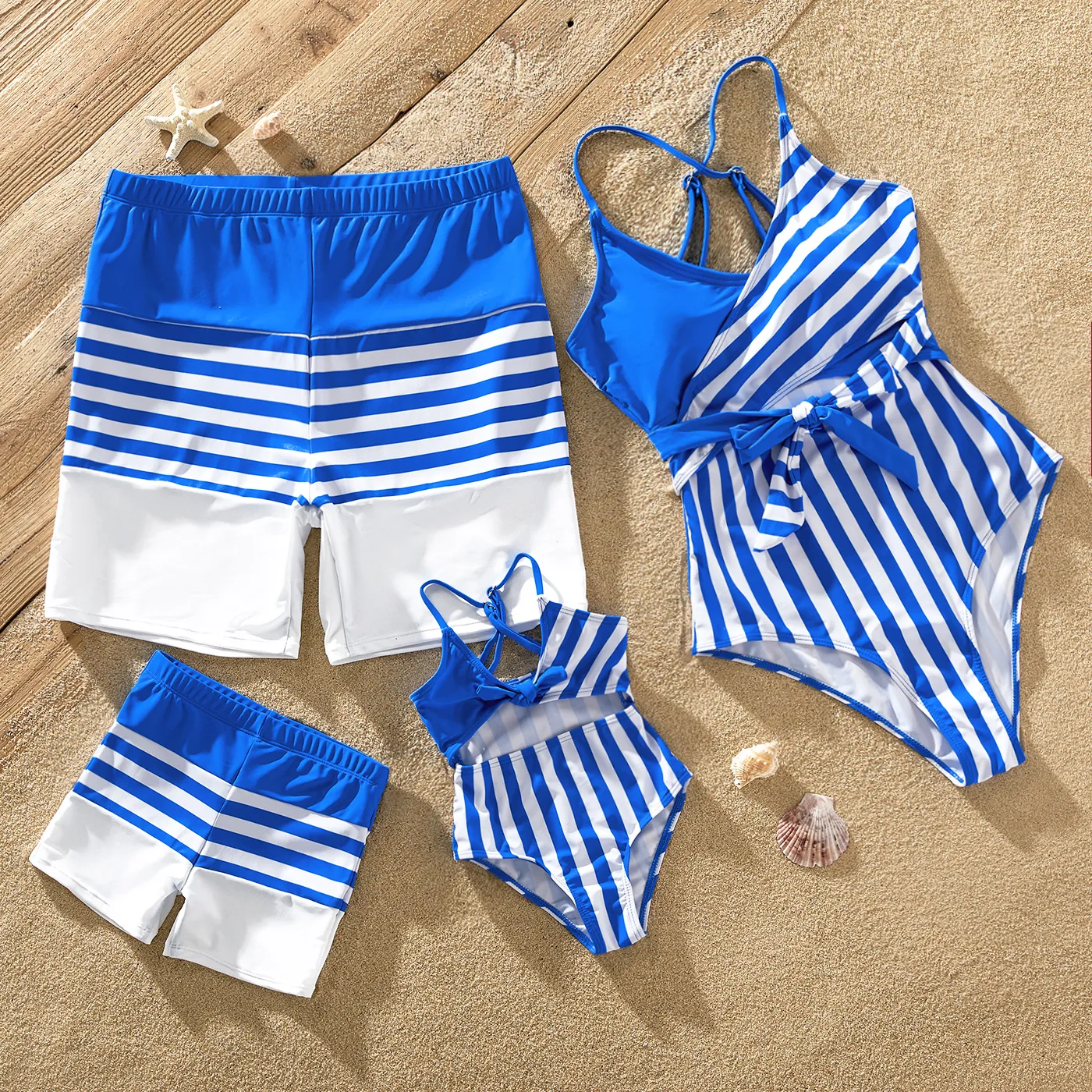 

Family Matching Blue & White Striped Spliced Tie Front Strappy One-piece Swimsuit or Swim Trunks Shorts