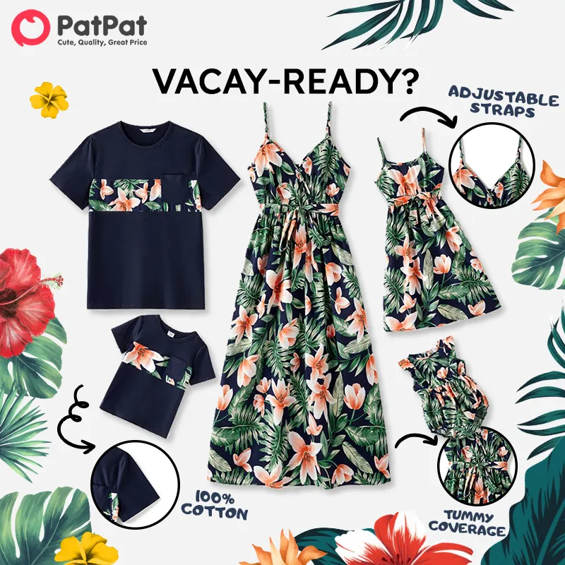 Family Matching All Over Floral Print V Neck Spaghetti Strap Midi Dresses and Splicing Short-sleeve T-shirts Sets  big image 11
