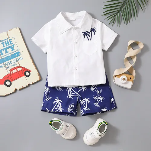 2pcs Toddler Boy 100% Cotton Preppy Style Coconut Tree Print Short-sleeve Shirt and Shorts Set