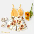 Baby Girl Floral Applique Design Sunflower Print & Solid Spliced Cami Romper  image 1