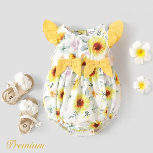 Baby Girl Sunflower Print Bow Front Flutter-sleeve Romper
