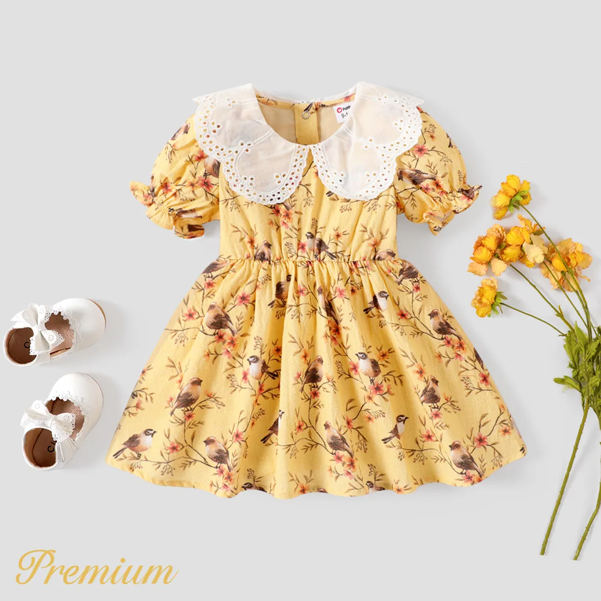 Baby Girl 100% Cotton Contrast Collar Puff-sleeve Dress big image 1