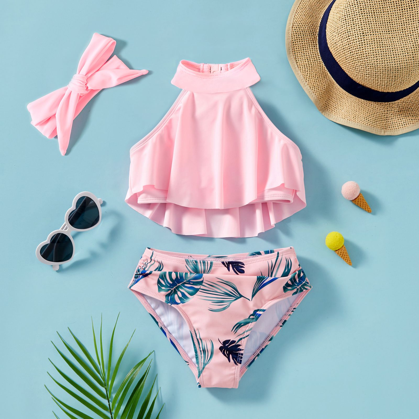 

3pcs Baby Girl Halter Top and Plant Print Shorts Two-piece Swimsuit & Headband Set