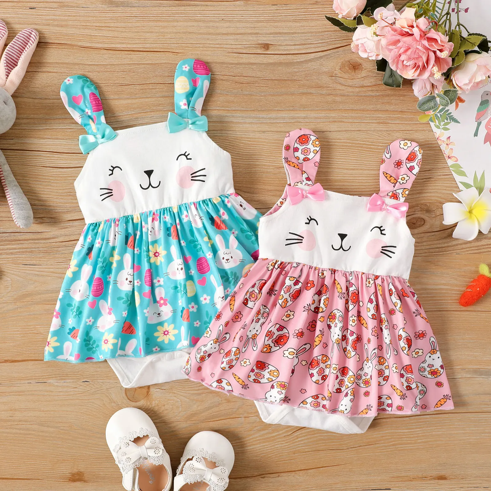 Baby Girl 95% Cotton Rabbit Print Bow Front Sleeveless Romper Blue image 4