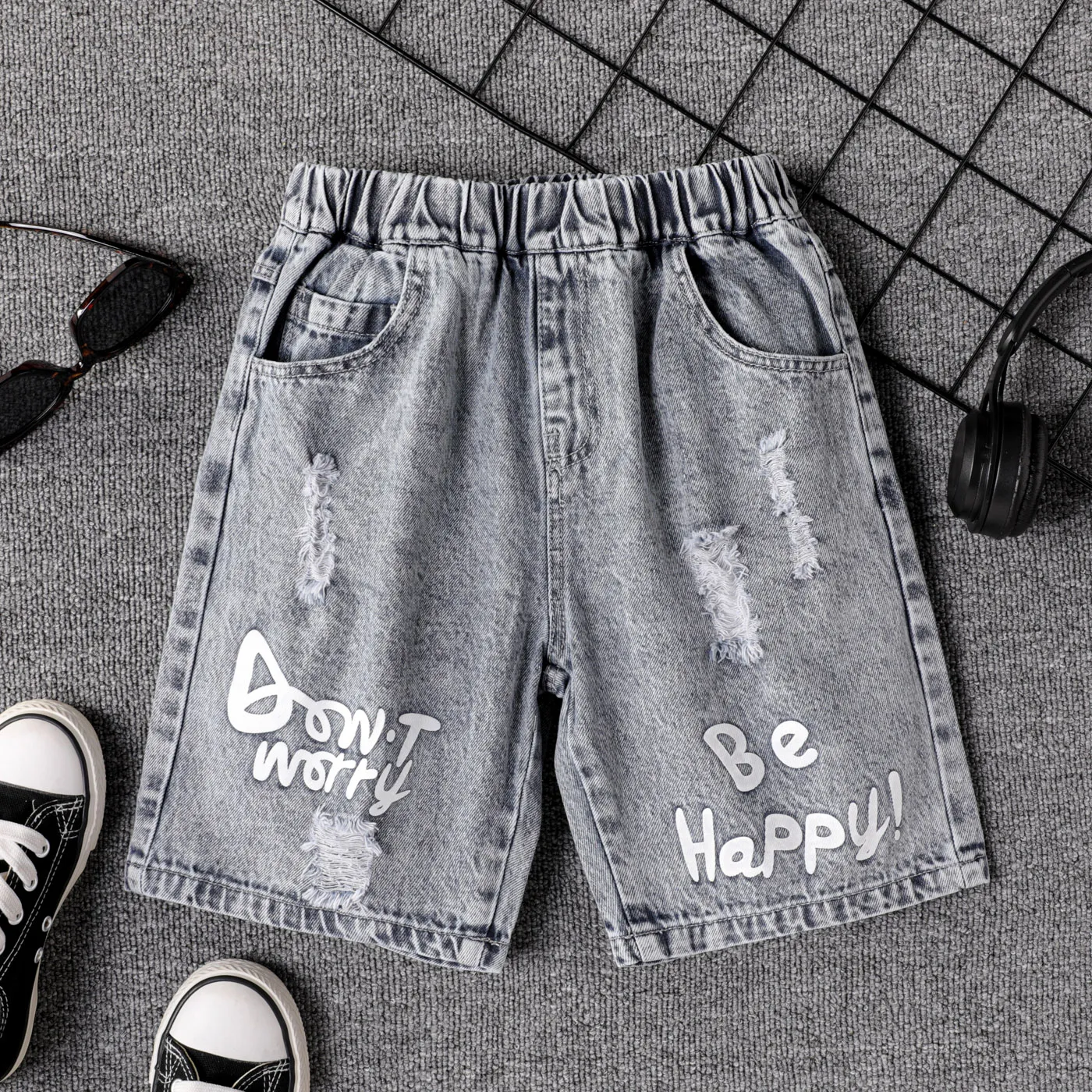 Kid Boy Letter Print Ripped Denim Shorts