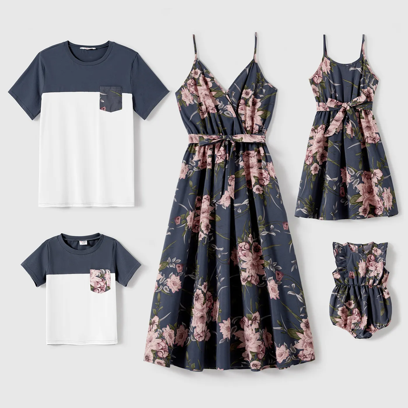 Family Matching Allover Floral Print Belted Cami Dresses and Short-sleeve Colorblock T-shirts Sets blue  white image 2