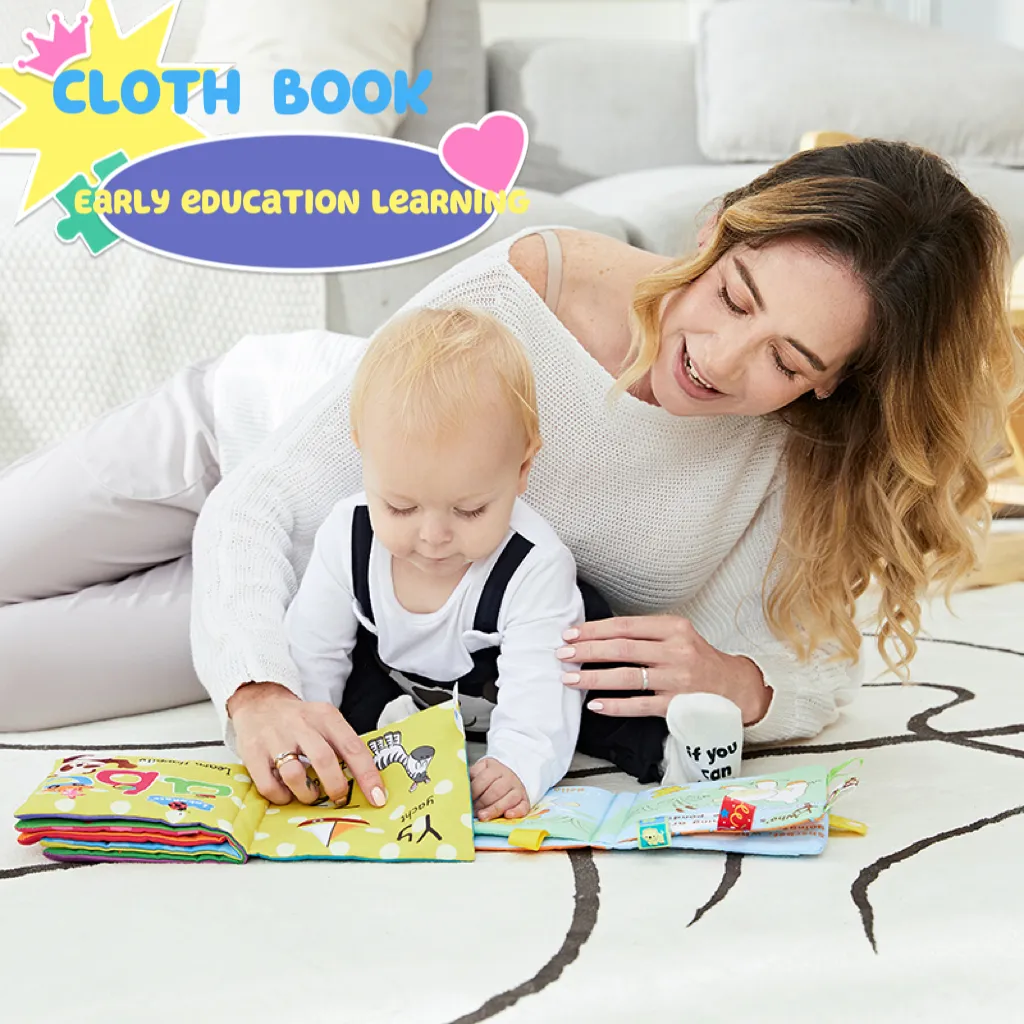 livre de bébé en tissu anglais alphanumérique livre en tissu toucher et sentir jouet éducatif et de développement précoce avec papier sonore 5 pages Vert big image 1
