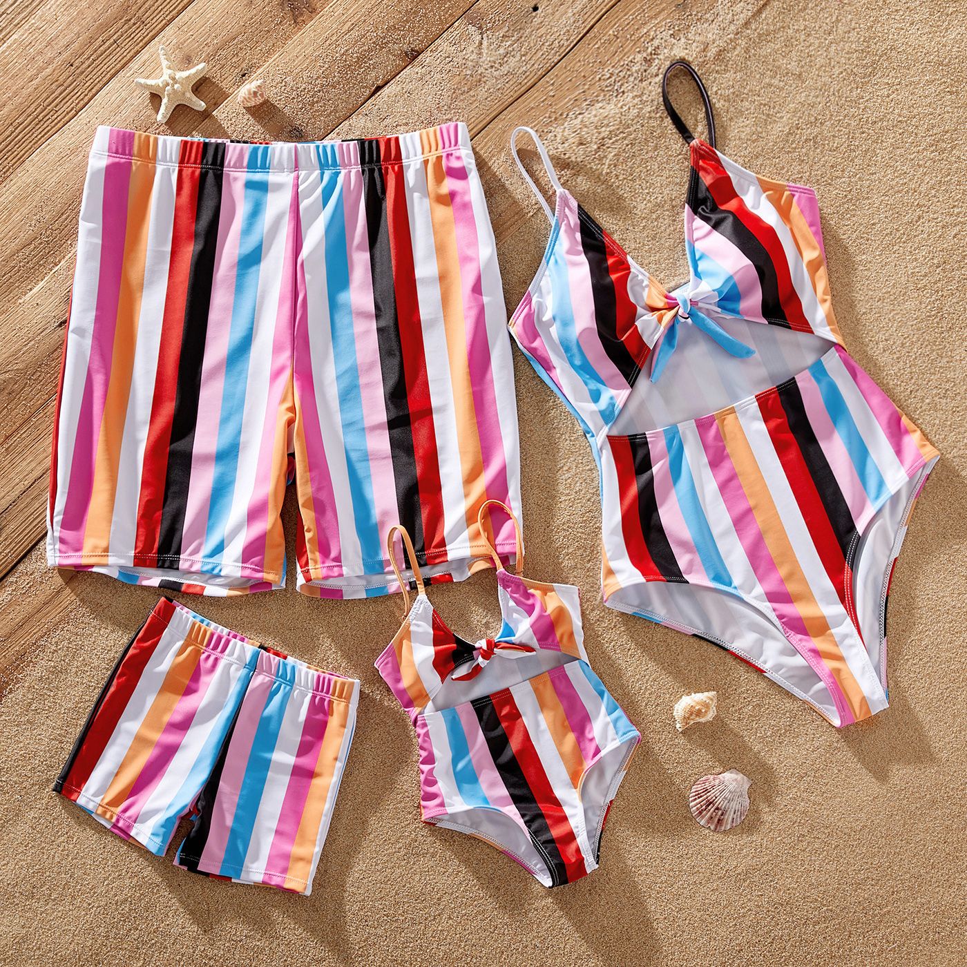 

Family Matching Colorful Striped Knot Front Cut Out One-piece Swimsuit or Swim Trunks Shorts