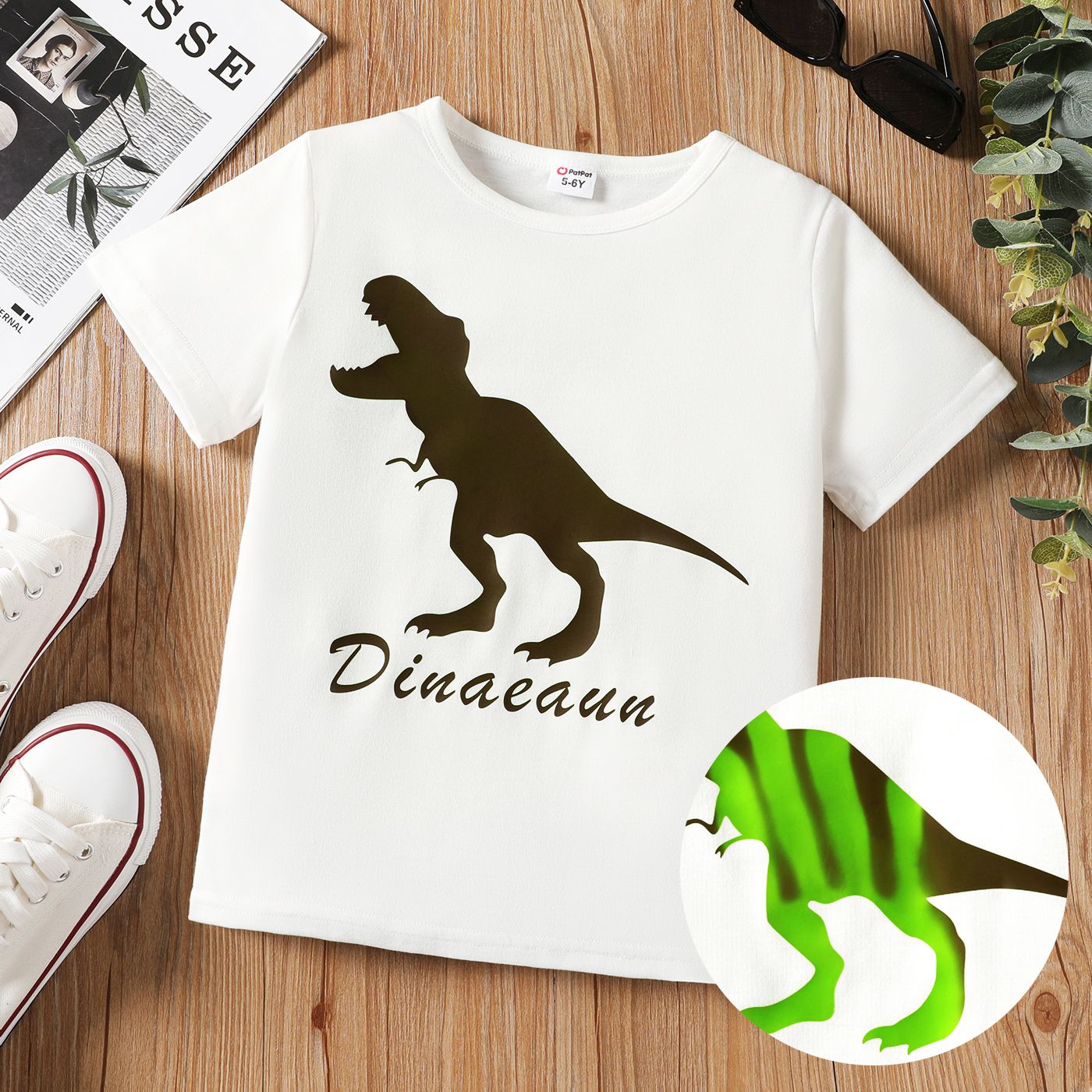 

Kid Boy Plaid Short-sleeve Shirt / Color Changing Dinosaur Print Tee / Ripped Denim Shorts