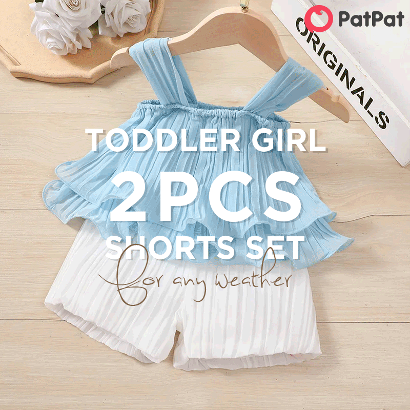 2pcs Toddler Girl Elegant Pleated Camisole and Shorts Set Roseo big image 1