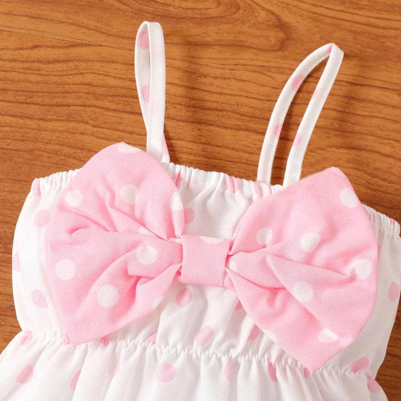 2pcs Baby Girl Polka Dots Print Bow Front Cami Romper & Headband Set Pink big image 1