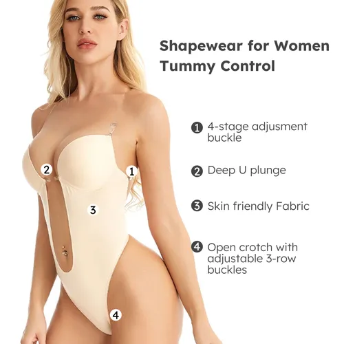 Women Sexy Bodysuit Shapewear Deep V-Neck Backless U Plunge Thong Shaper Corset Lingerie Clear Strap Push Up Bra