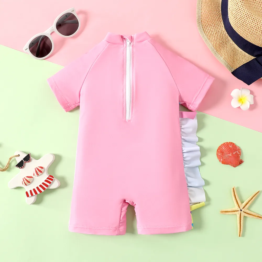 Baby Girl Unicorn Print Colorful Ruffle Trim Short-sleeve One-piece Swimsuit big image 2