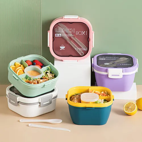 Leak Proof Salad Lunch Container 3 Compartment Bento-Style Tray, Sauce Container, Reusable Cutlery