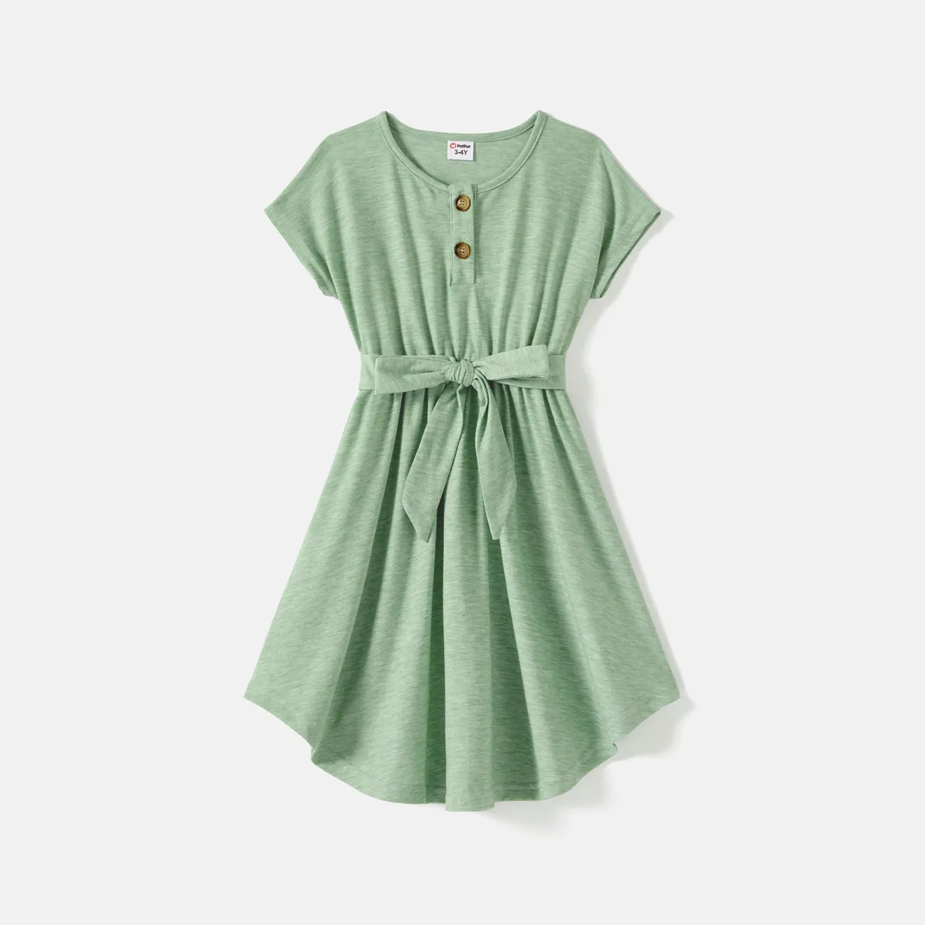 Family Matching Solid Short-sleeve Belted Dresses and Striped Colorblock T-shirts Sets Green big image 1