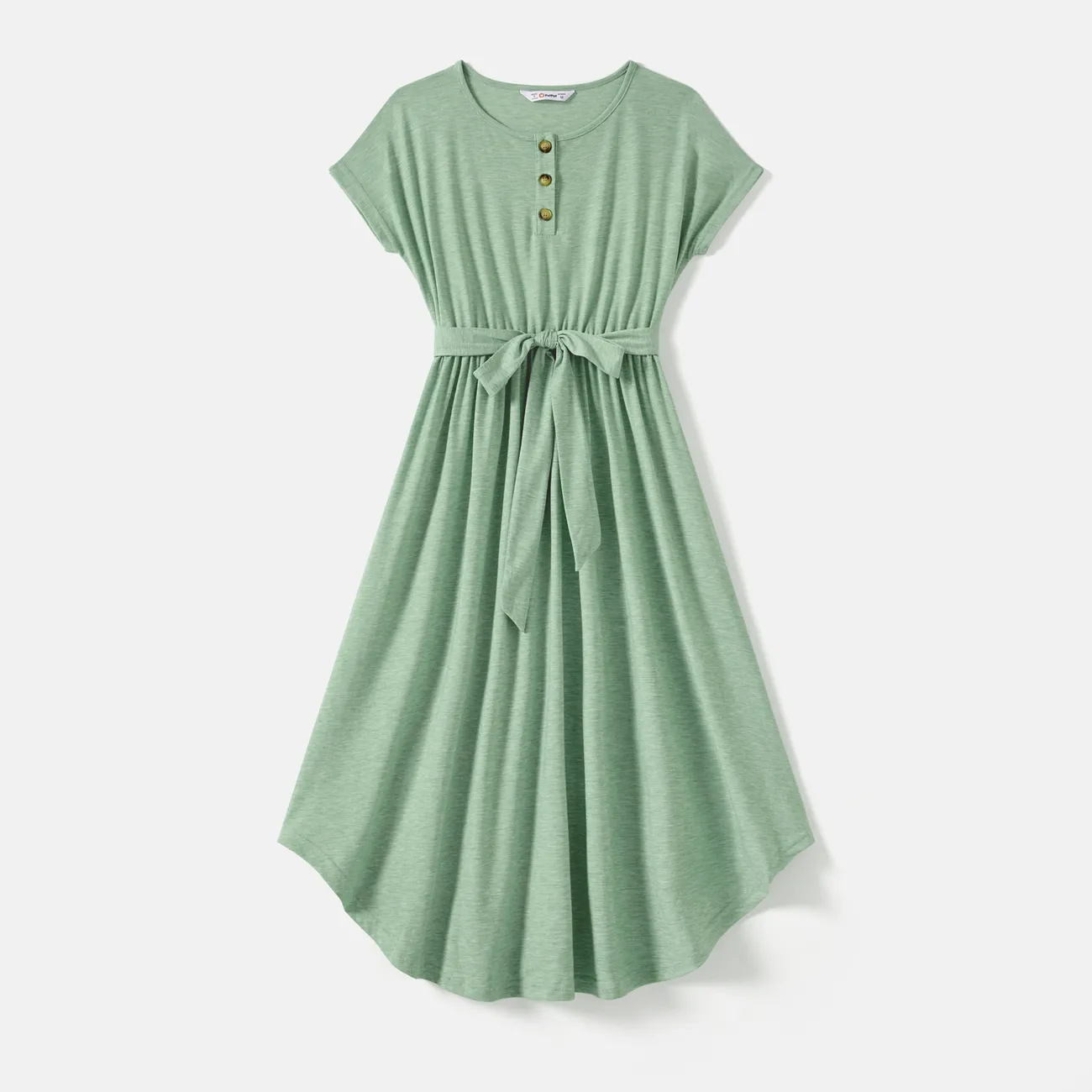 Family Matching Solid Short-sleeve Belted Dresses and Striped Colorblock T-shirts Sets Green big image 1