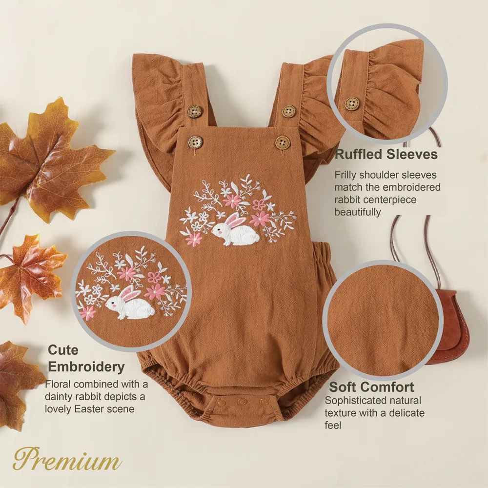 Baby Girl 100% Cotton Rabbit & Floral Embroidered Ruffle Trim Romper big image 4