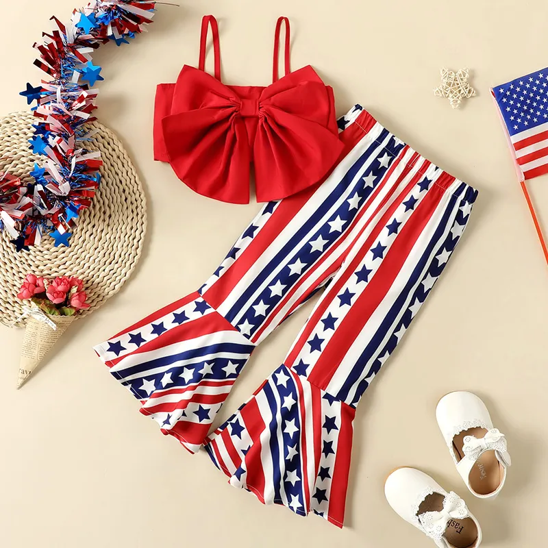 Independence Day 2pcs Toddler Girl Bow Front Smocked Crop Cami Top and Flared Pants Set  big image 1