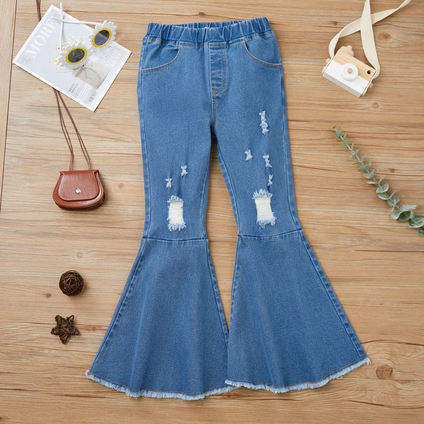 

Kid Girl Textured Puff Sleeve Top or Ripped Raw Hem Flare Jeans