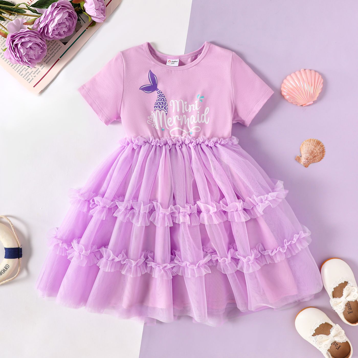 

Toddler Girl Letter Print Mesh Splice Short-sleeve Fairy Dress