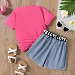 2pcs Kid Girl Letter Print Short-sleeve Tee and Belted Ripped Denim Shorts Set  image 2