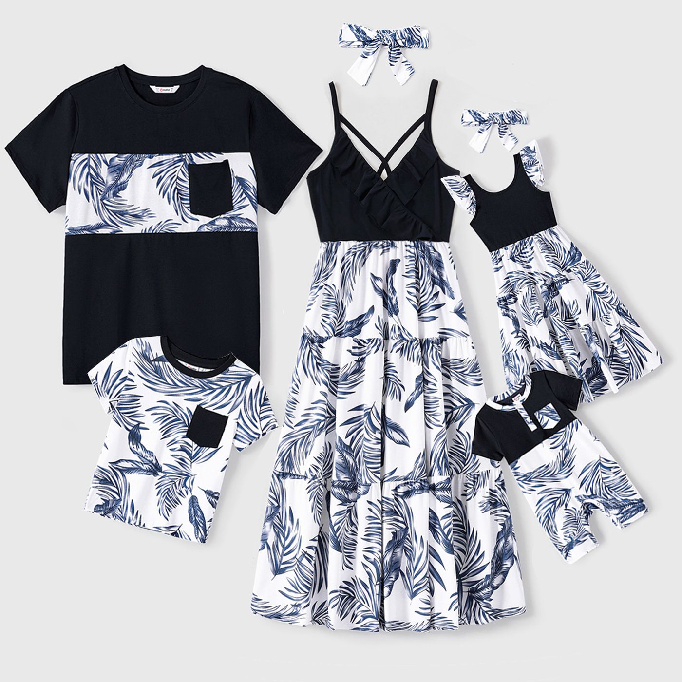 Family Matching All Over Plants Print Black Flutter-sleeve Dresses and Splicing Polo Shirts Sets