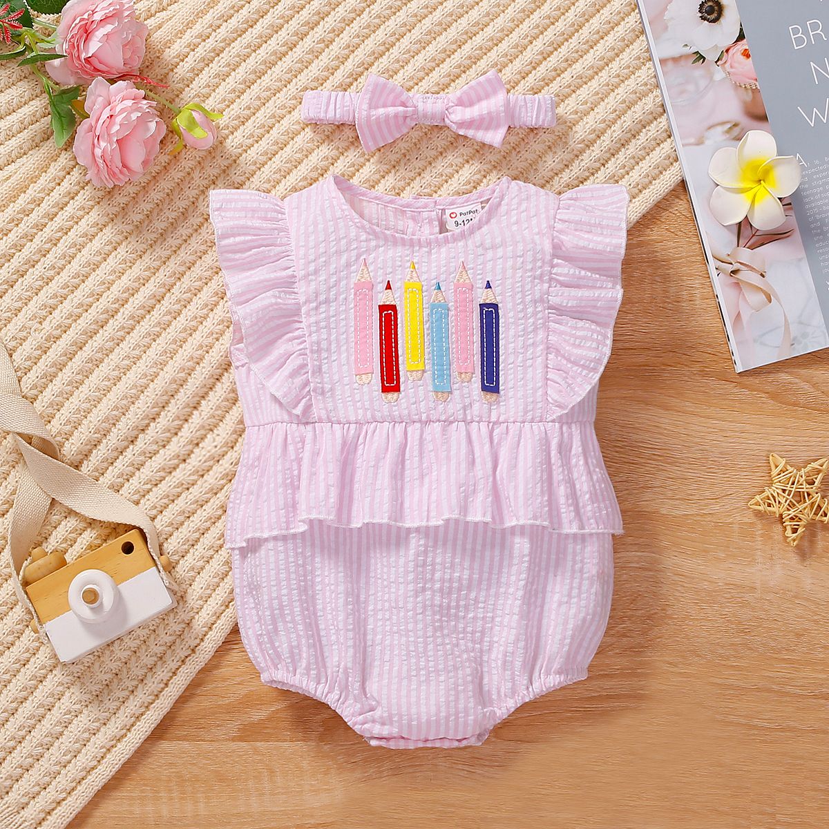 2pcs Baby Girl Pencil Embroidered Stripe Ruffled Bodysuit And Headband Set