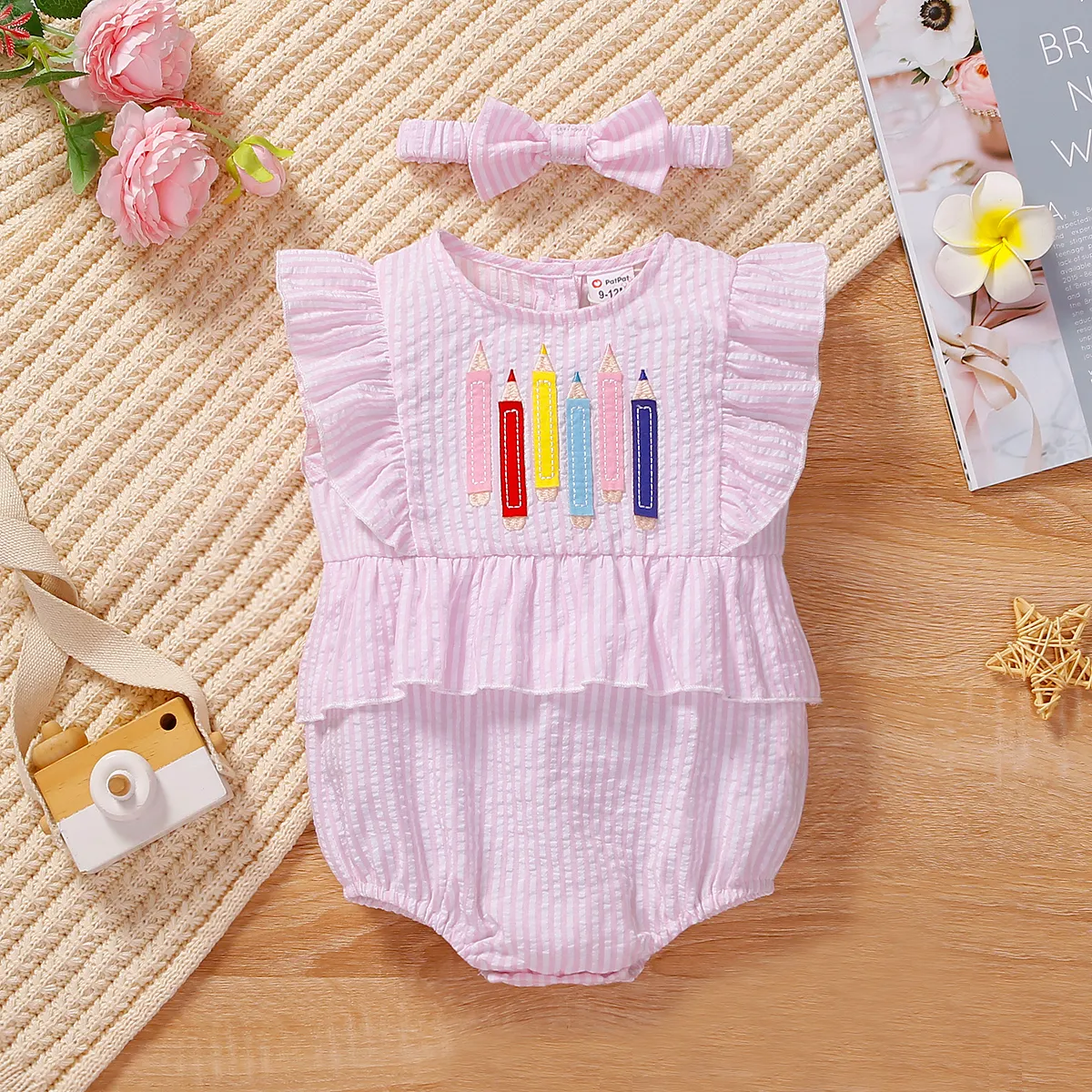 2pcs Baby Girl Pencil Embroidered Stripe Ruffled Bodysuit and Headband Set Pink big image 1