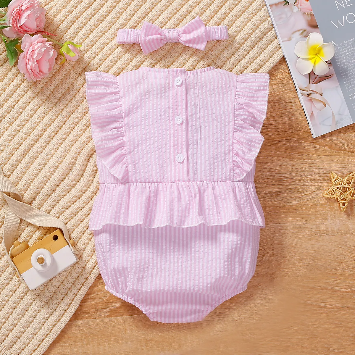 2pcs Baby Girl Pencil Embroidered Stripe Ruffled Bodysuit and Headband Set Pink image 2