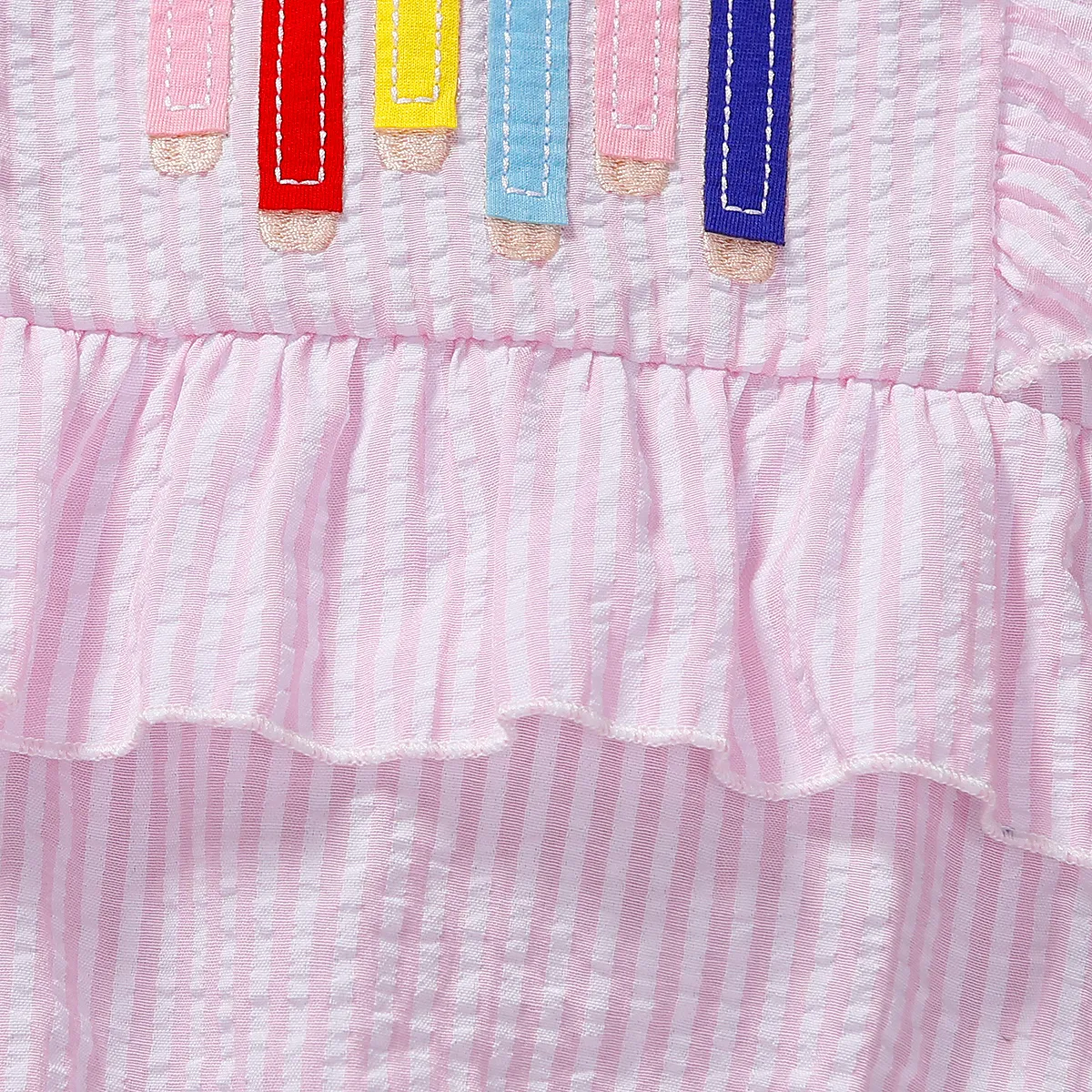 2pcs Baby Girl Pencil Embroidered Stripe Ruffled Bodysuit and Headband Set Pink image 5