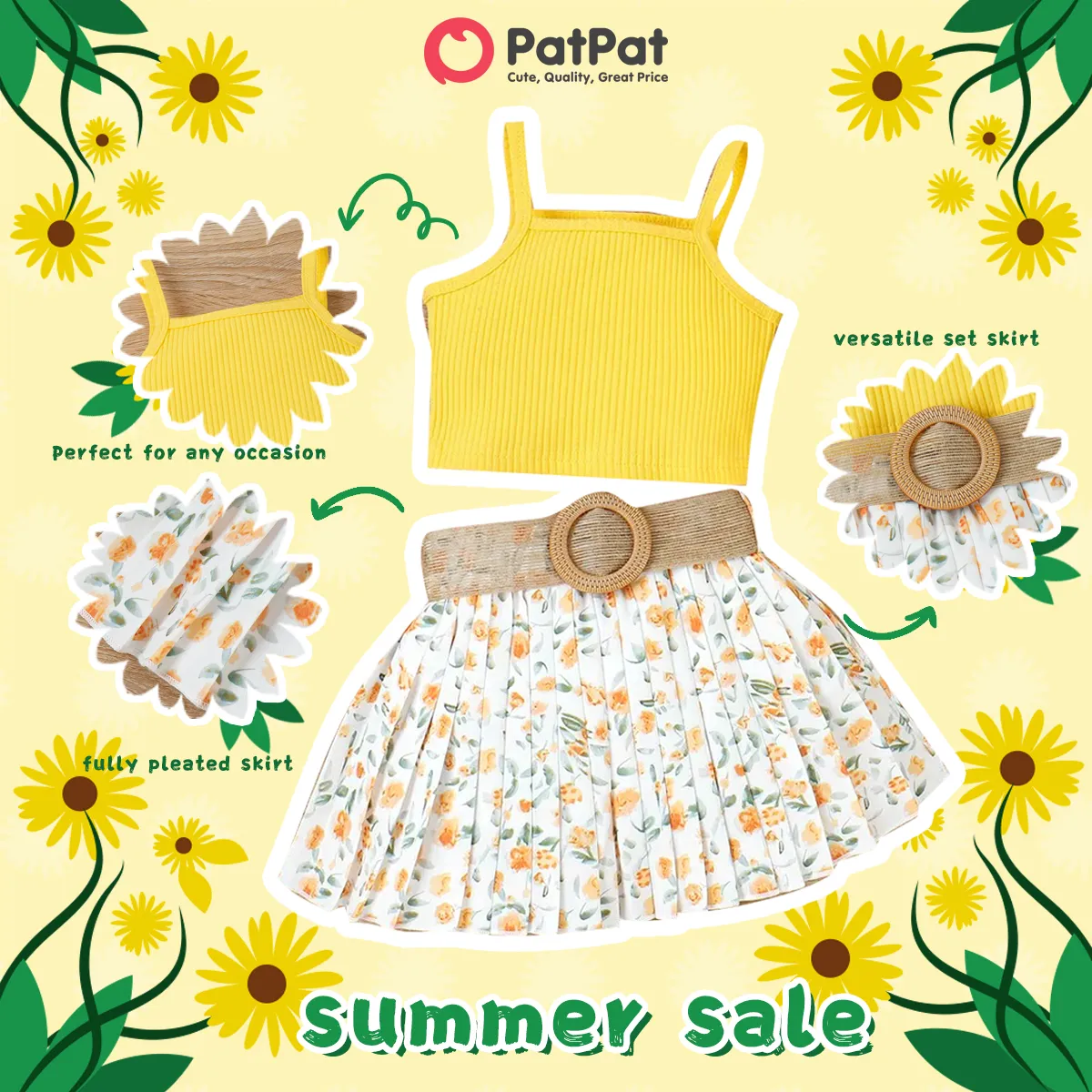3pcs Toddler Girl Sweet Ribbed Crop Camisole and Floral Print Pleated Skirt & Belt Set Yellow big image 1
