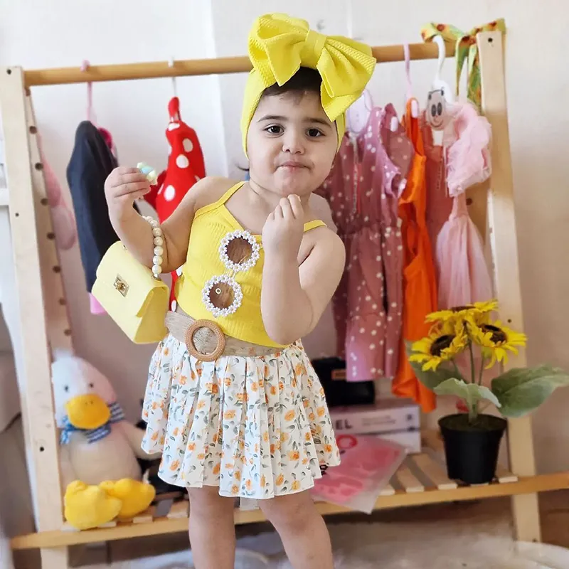 3 unidades Niño pequeño Chica Hombros descubiertos Dulce Flor rota Traje de falda Amarillo big image 1