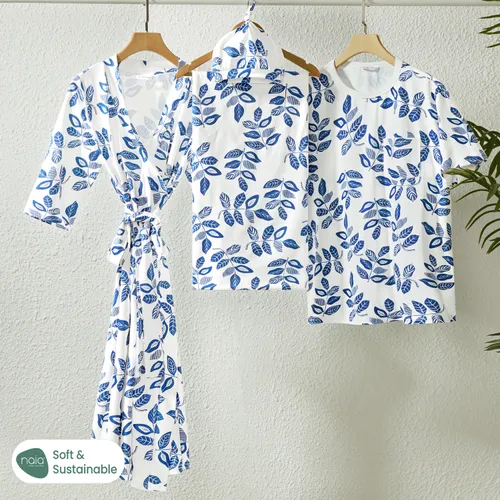 Family Matching Allover Leaf Print Belted Robe and Swaddle Blanket or Short-sleeve Tee Sets