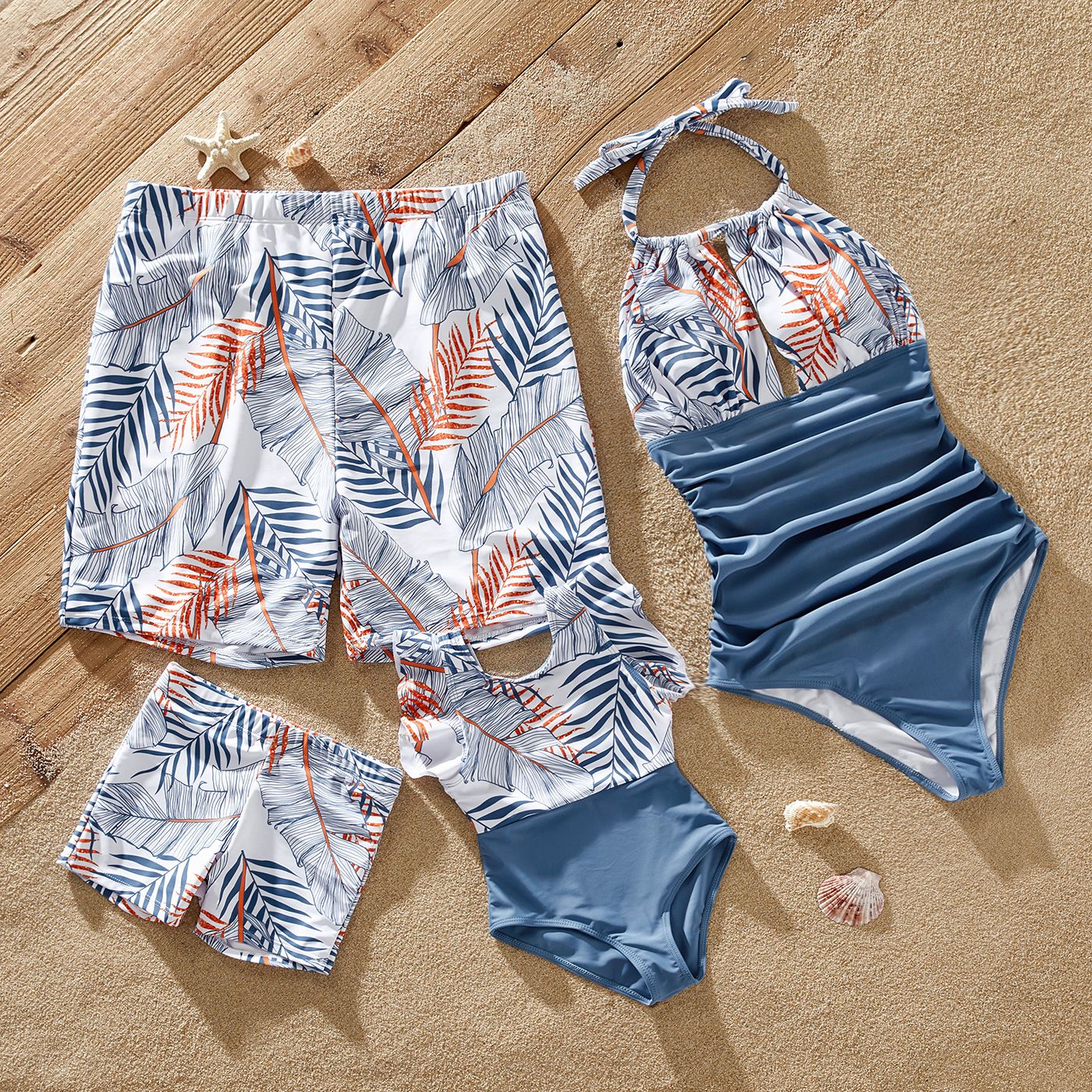Family Matching Solid & Leaf-print Halter Neck One-piece Swimsuit Or Swim Trunks Shorts