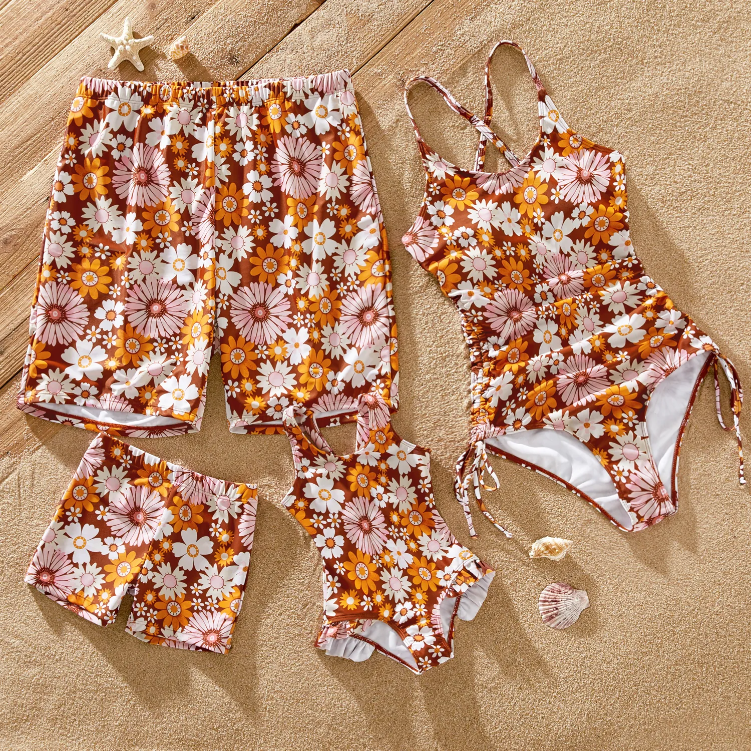 

Family Matching Allover Floral Print Strappy One-piece Swimsuit or Swim Trunks Shorts