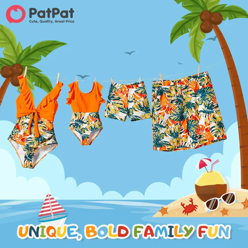 Family Matching Orange and All Over Tropical Plant Print Splicing Ruffle One-Piece Swimsuit and Swim Trunks Shorts Orange color big image 1