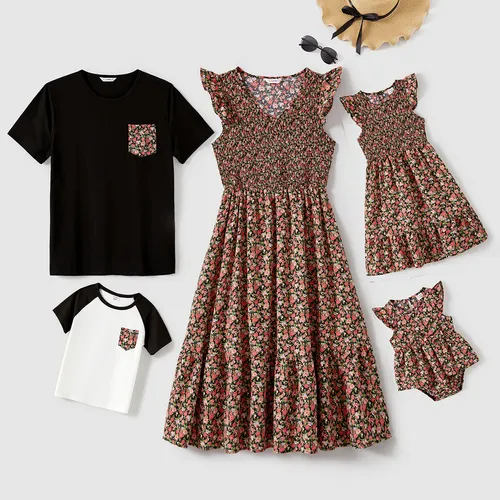 Family Matching Allover Floral Print Flutter-sleeve Dresses and Short-sleeve T-shirts Sets