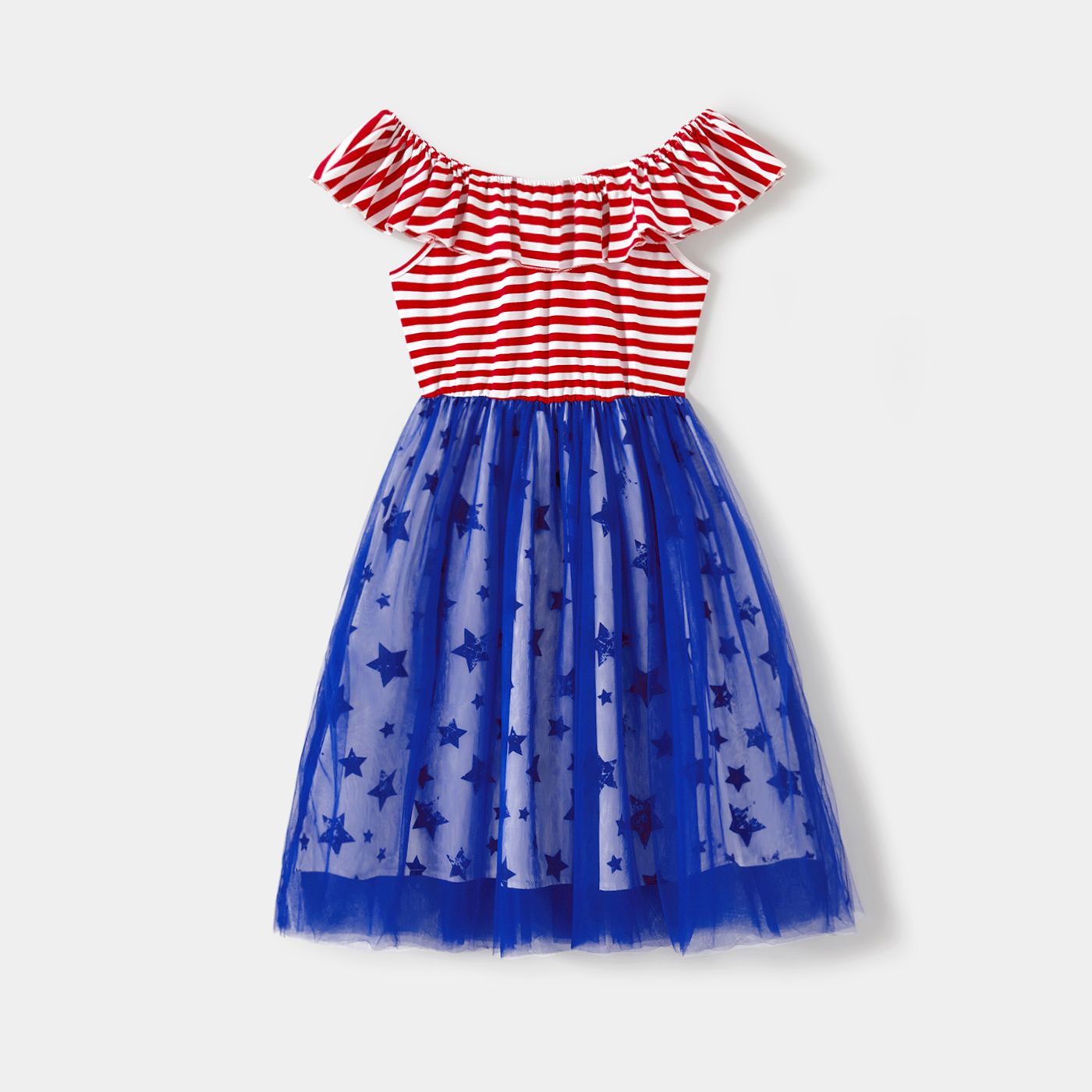 Independence Day Mommy And Me Striped Off Shoulder Ruffled Sleeveless Star Print Lined Mesh Dresses
